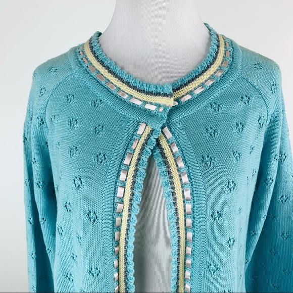 Gaxelle Ribbon Trim Pointelle Cardigan Grandmacore Sweater Small - Picture 2 of 12
